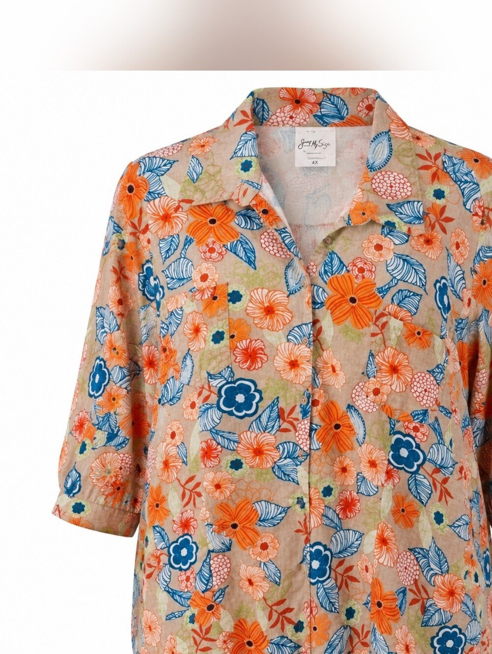Just My Size Linen Blend Floral Button-Up Top 4X Plus Size Boho Cottagecore